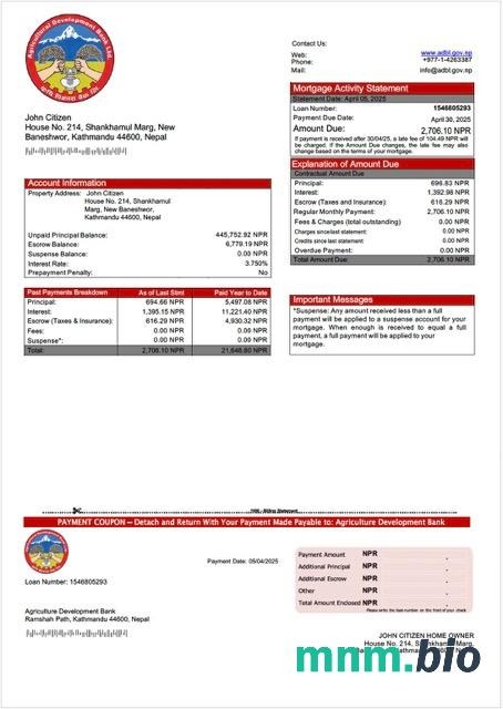 Nepal Agriculture Development Bank wyciąg z kredytu hipotecznego szablon Word i PDF
